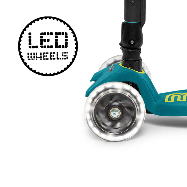 Micro Maxi Deluxe foldbart LED løbehjul til børn – 5-12 år – Petrol Green